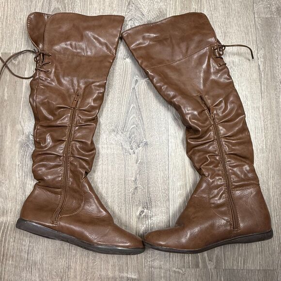 Aldo OTK 8.5 Brown Flat Boots Boho Slouch Faux Leather Fold Over Top Countryside - Picture 7 of 11